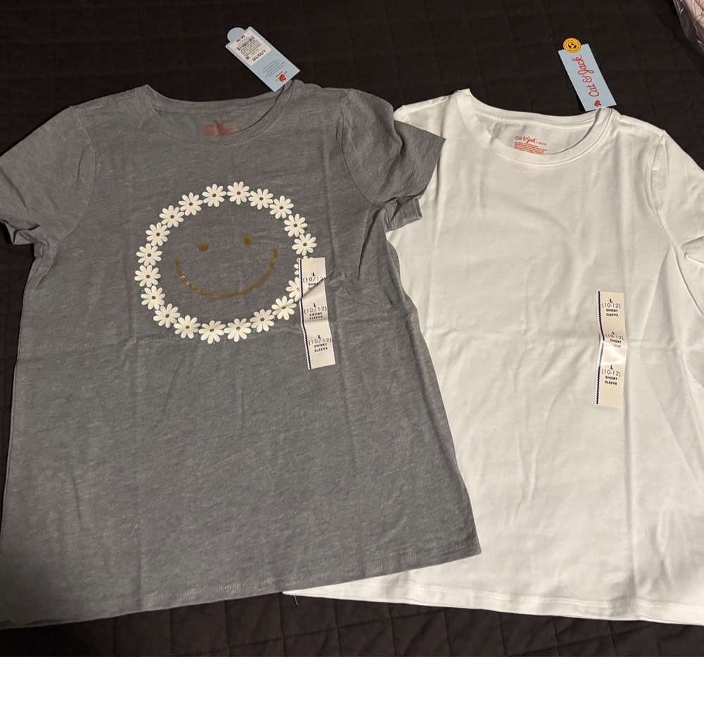 Cat & Jack Girls Short Sleeve Graphic Tee Bundle White Gray Daisy Smiley Size L